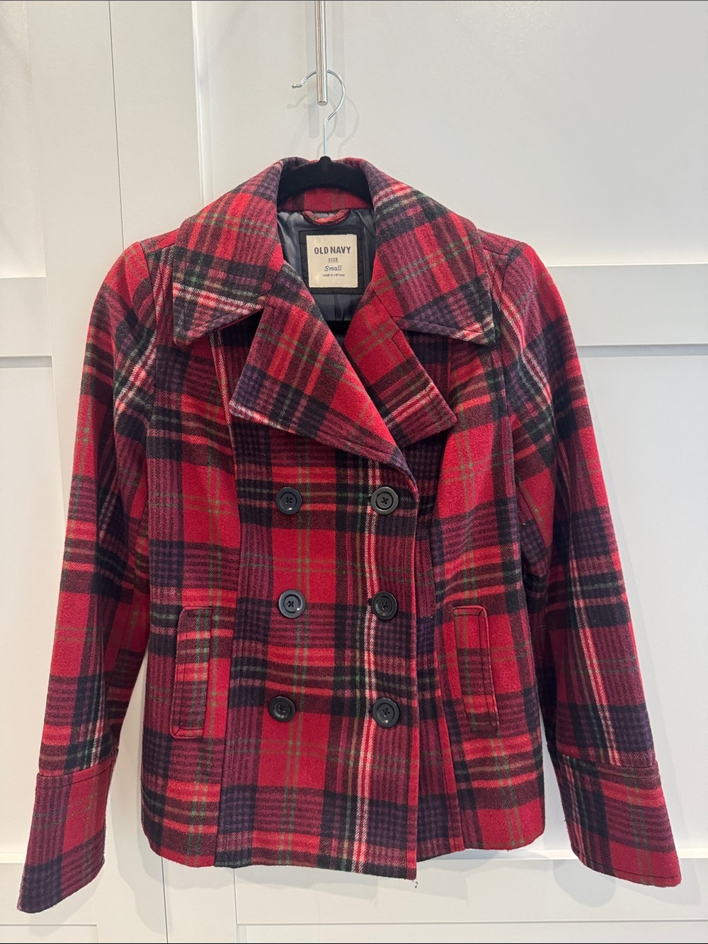 Old Navy Red Black Plaid Double-Breasted Peacoat